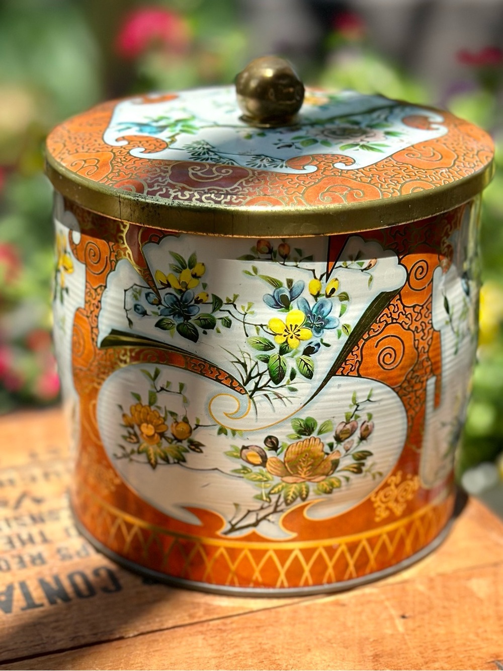 Vintage Daher England Floral Tin Canister w/Lid Orange Gold Storage Tin